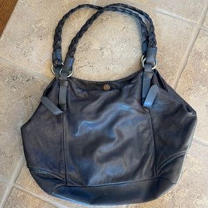 Gray leather Garnet Hill leather bag with braided straps.